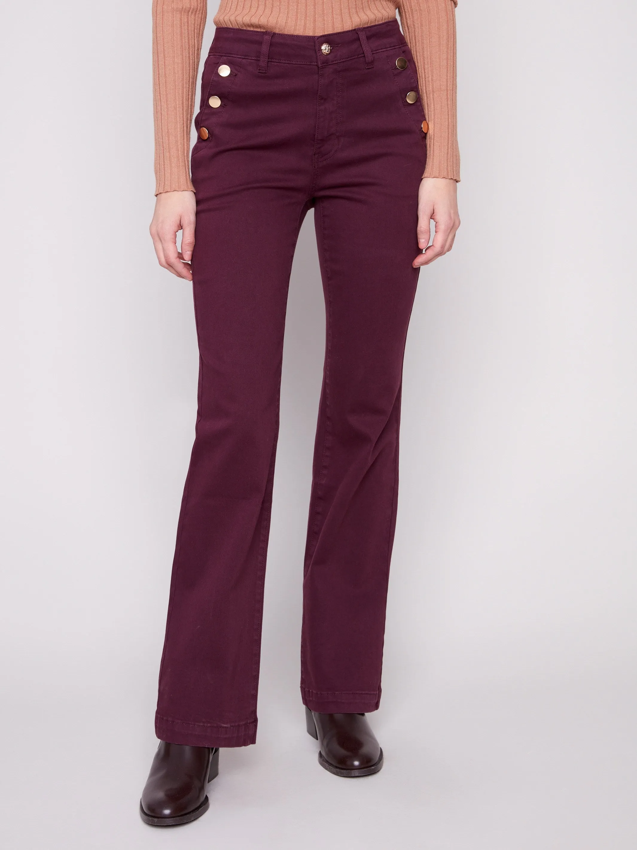 Movement Fit Relaxed Comfort Look Flare Leg Stretch Twill Pants With Buttons - Berry