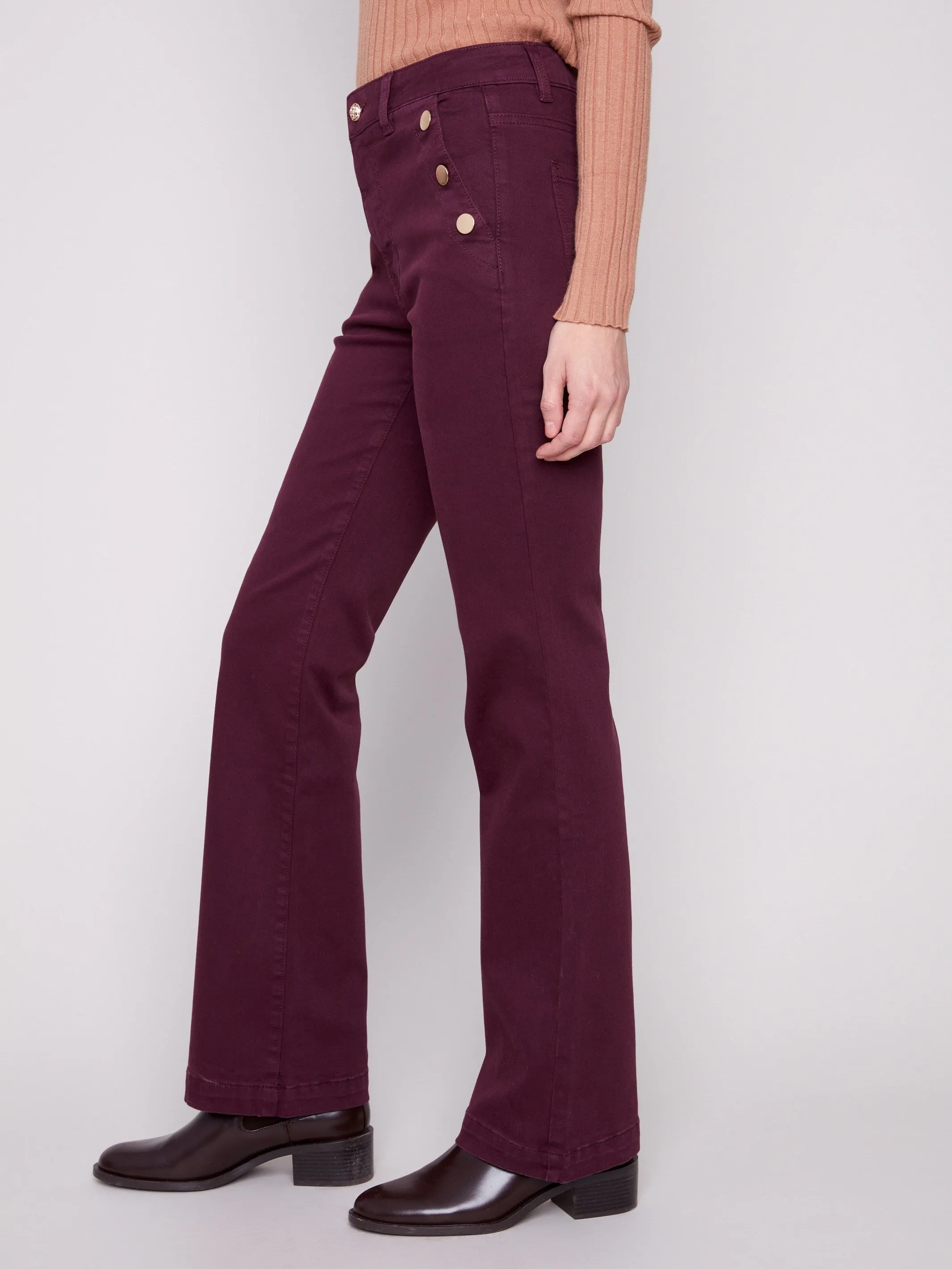 Flare Leg Stretch Twill Pants With Buttons - Berry Flexibility Built-In