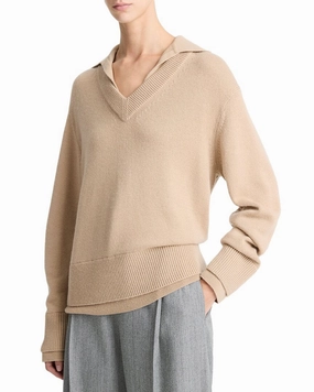 Vince Collared Double Layer Wool & Cashmere-Blend Pullover Comfy Layering All-day Comfort