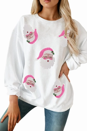 Sequin Santa Claus Sweatshirt In White Comfy Vibe Casual Styling