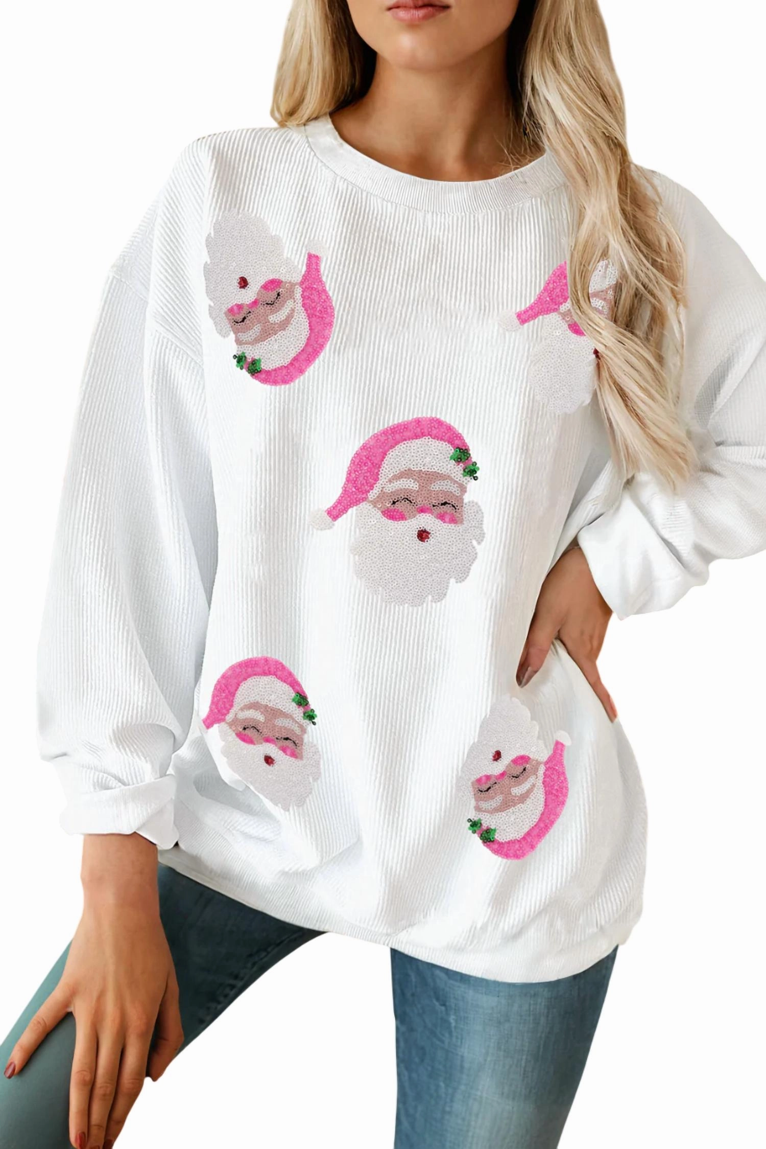 Sequin Santa Claus Sweatshirt In White Flexible Neck Opening