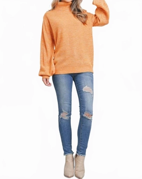 Ethical Production Knitwear Casual Comfort Turtleneck Melange Balloon Sleeve Sweater In Ash Mustard