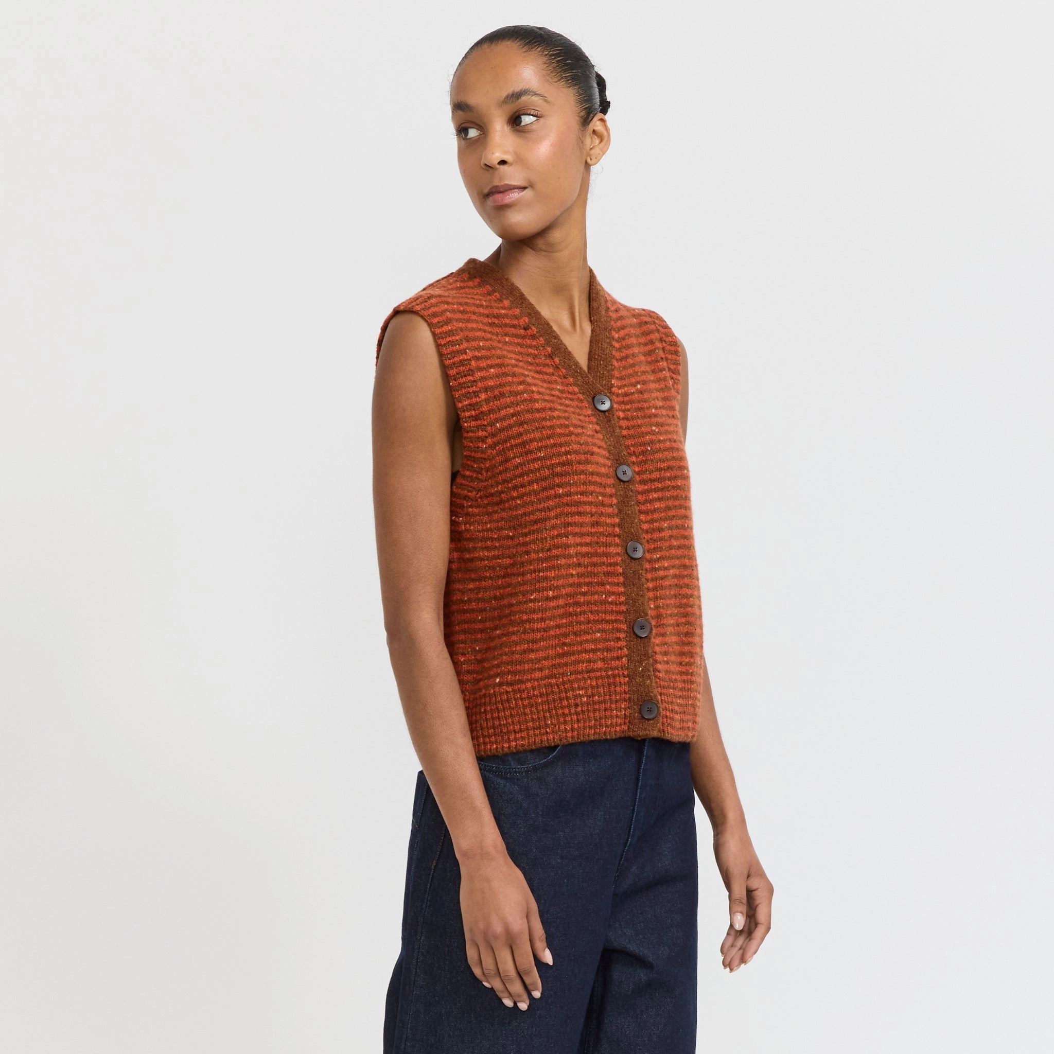 Comfy Stretch Wear Winter Layering Look Striped Donegal V Neck Tank Brick/Red Clay