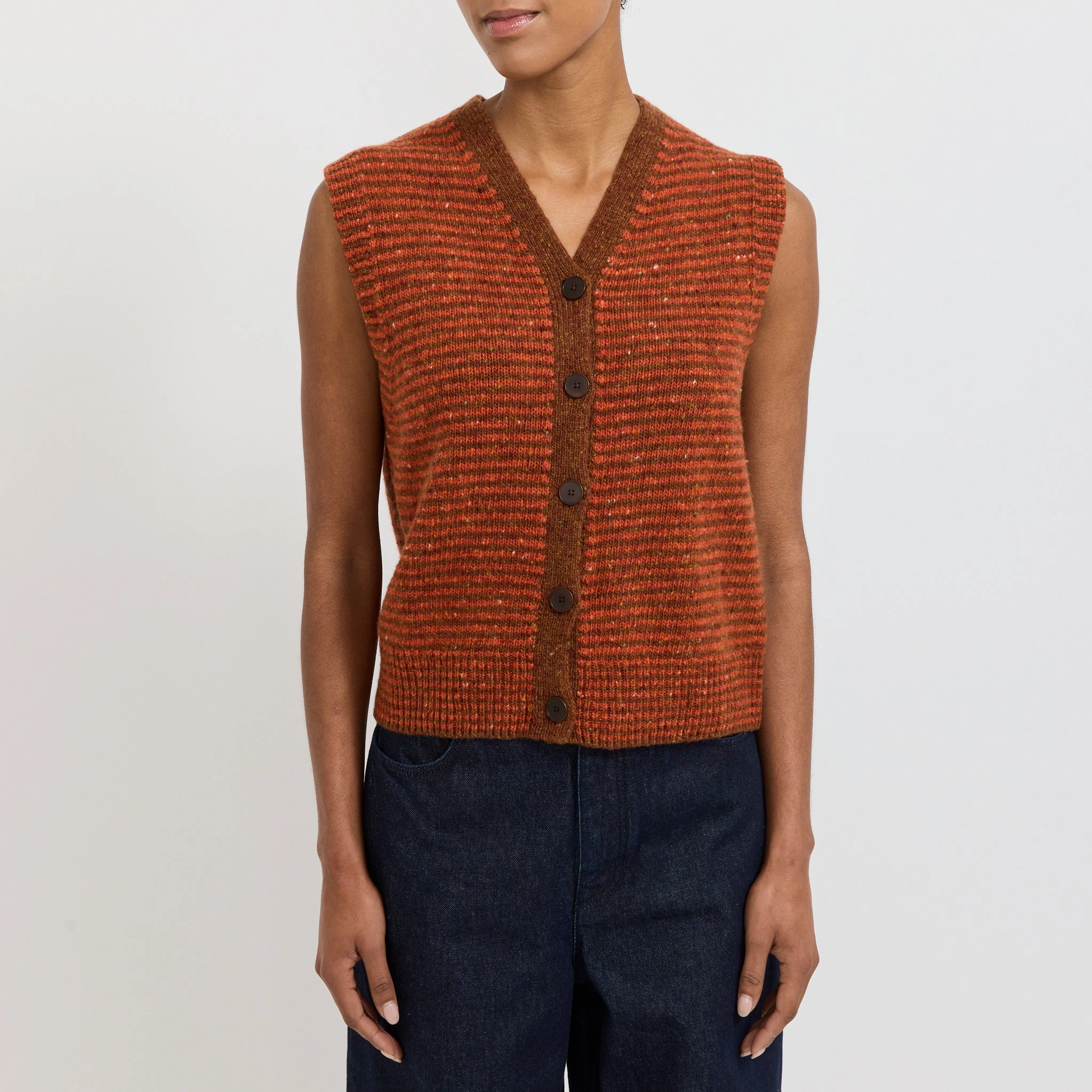 Timeless Knit Striped Donegal V Neck Tank Brick/Red Clay