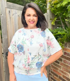 Ivory Floral Banded Hem Top EcoCertified Material