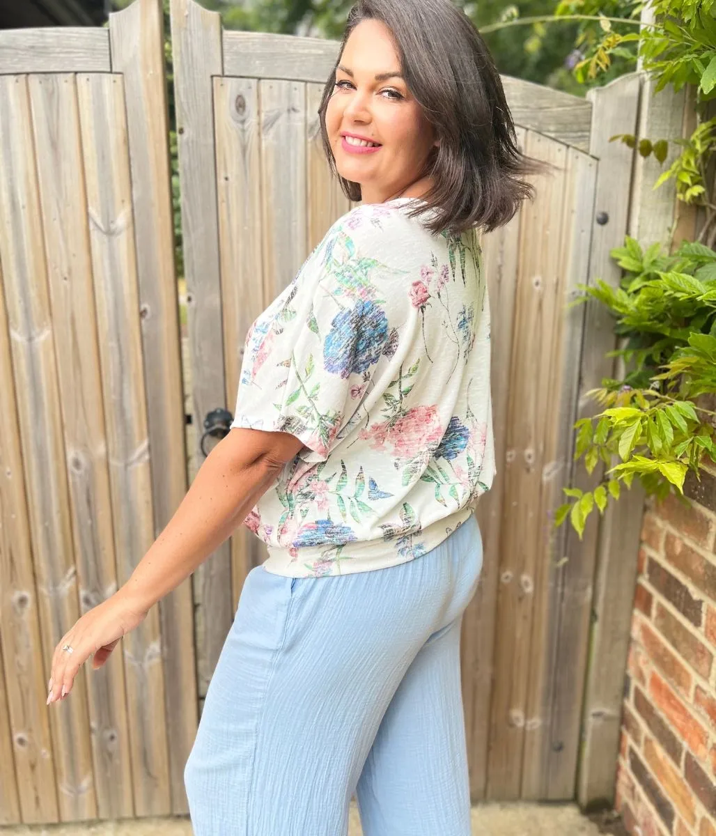 Ivory Floral Banded Hem Top HighDurabilityWeave Modular Layering System