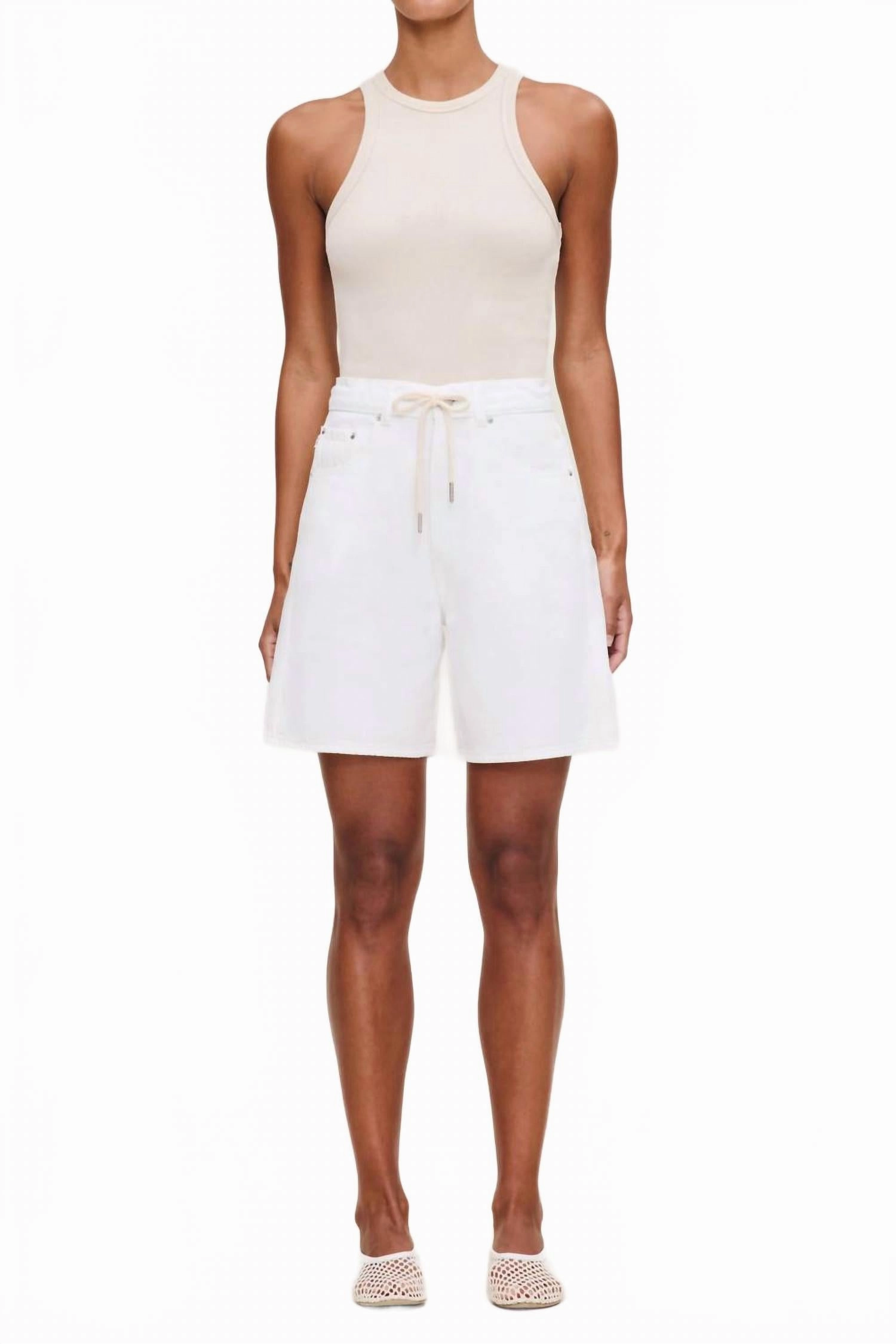 Taylor Drawstring Short In White Wide Leg Opening Rubberized Waist Grip