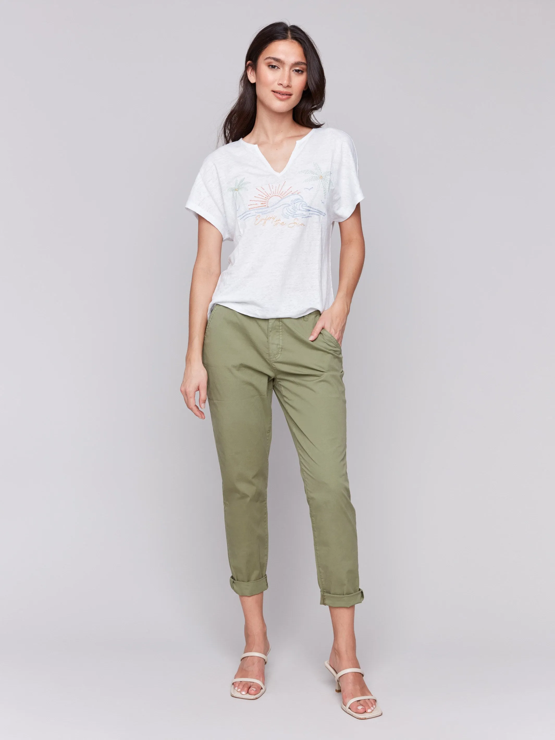 Stretchable Waistband Tear Resistant Weave Embroidered Short Sleeve Dolman Top - White