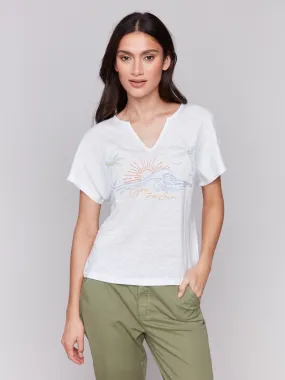 Embroidered Short Sleeve Dolman Top - White Simple Shirt ContouredPanels