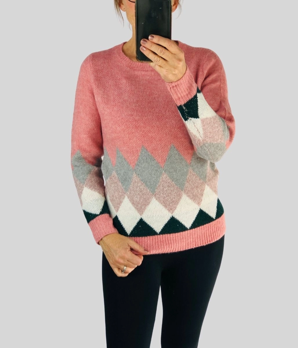 Pink Diamond Pattern Jumper Functional Fashion Versatile Style