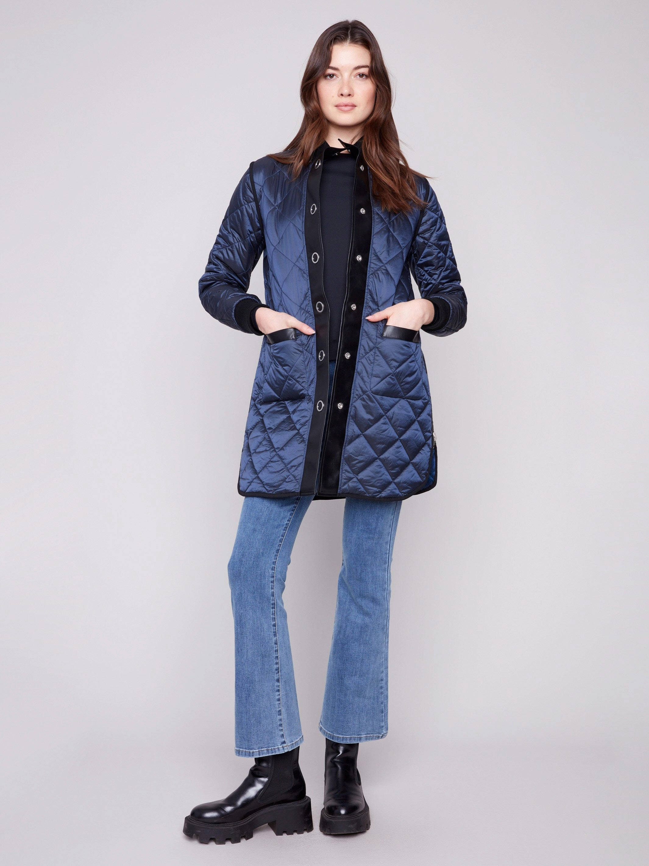 Reversible Long Quilted Puffer Jacket - Navy Double Layered Collar
