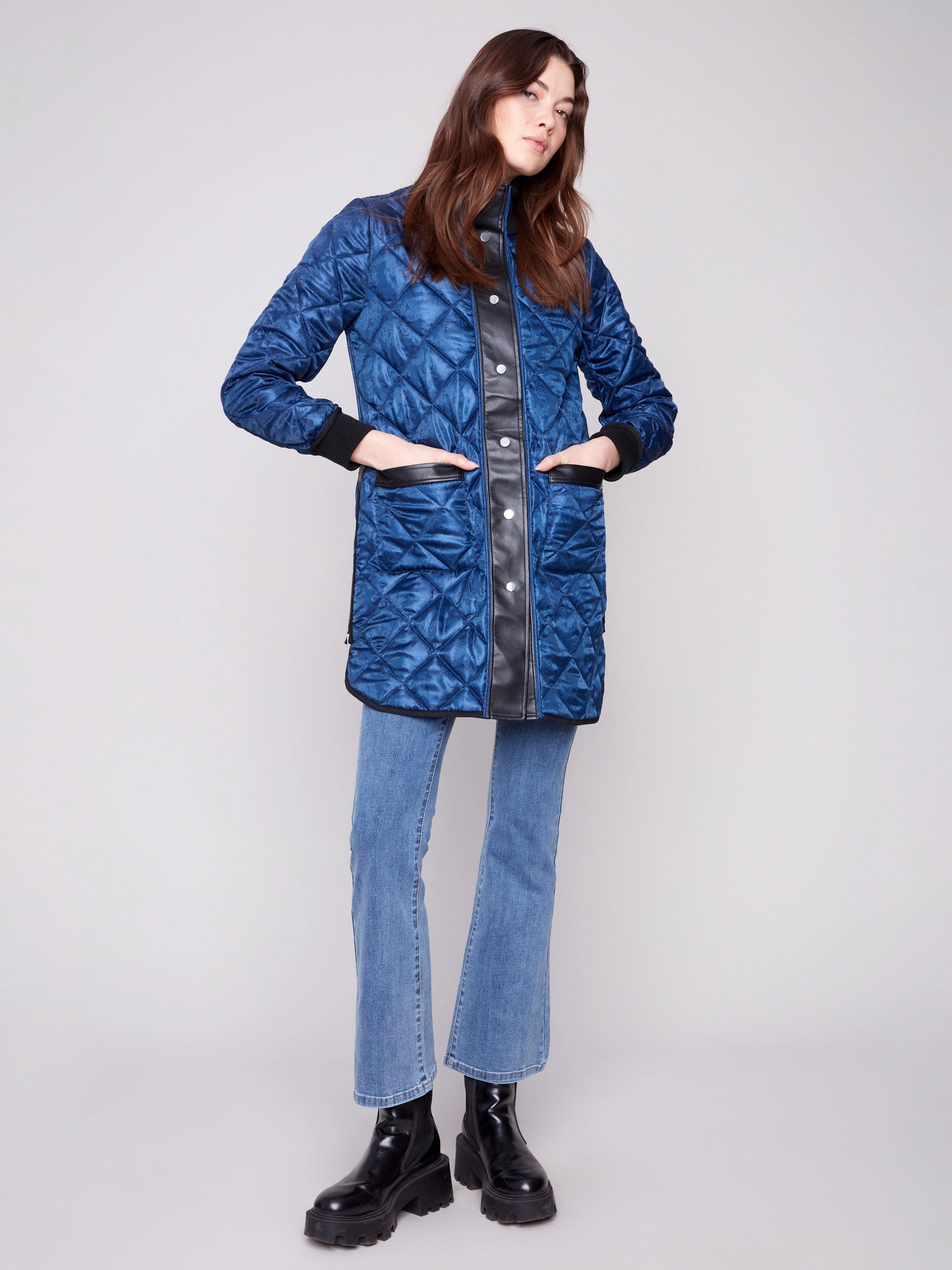 Waterproof Stitch Details Reversible Long Quilted Puffer Jacket - Navy