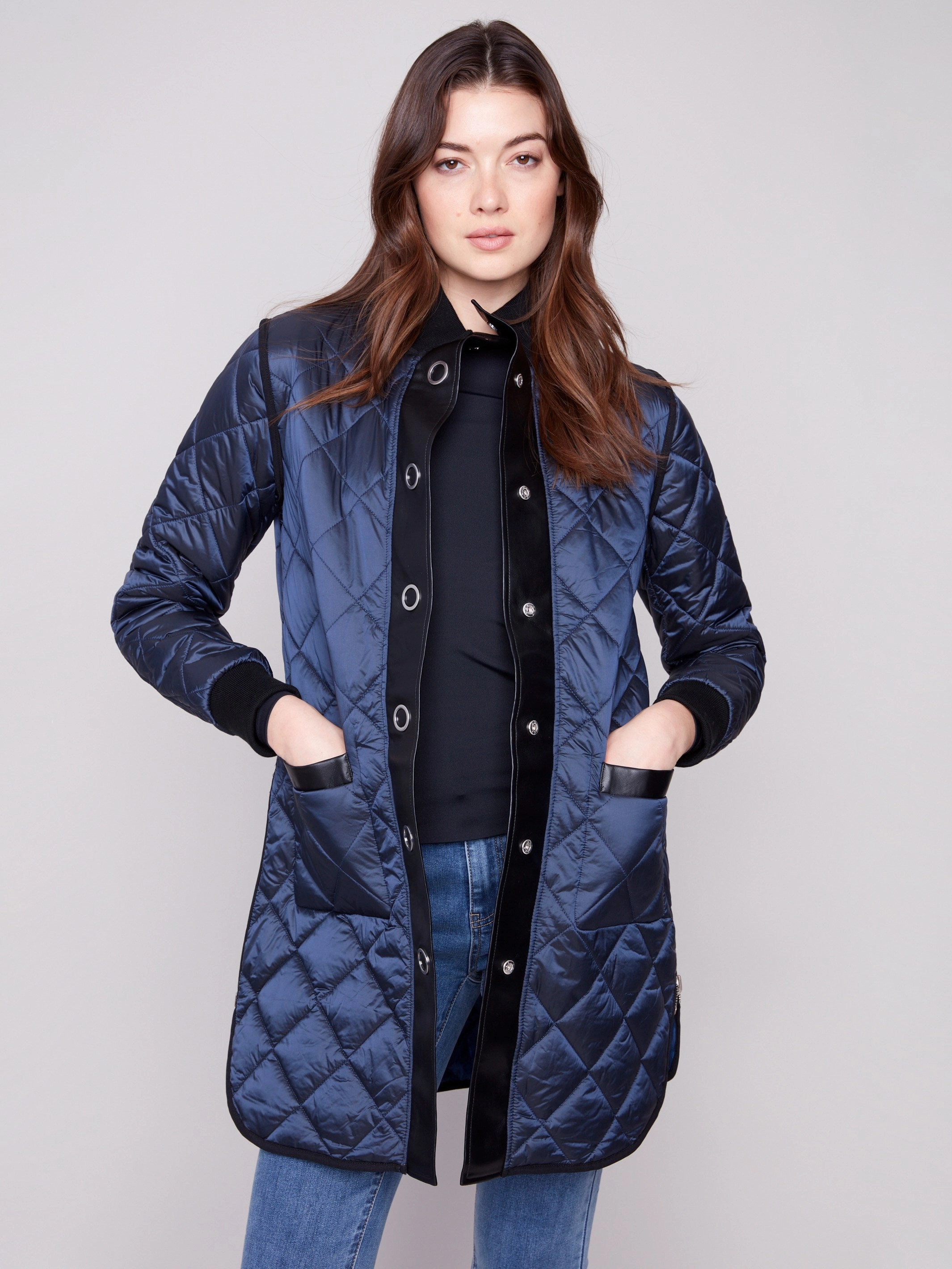 Hidden Storage Compartments Reversible Long Quilted Puffer Jacket - Navy