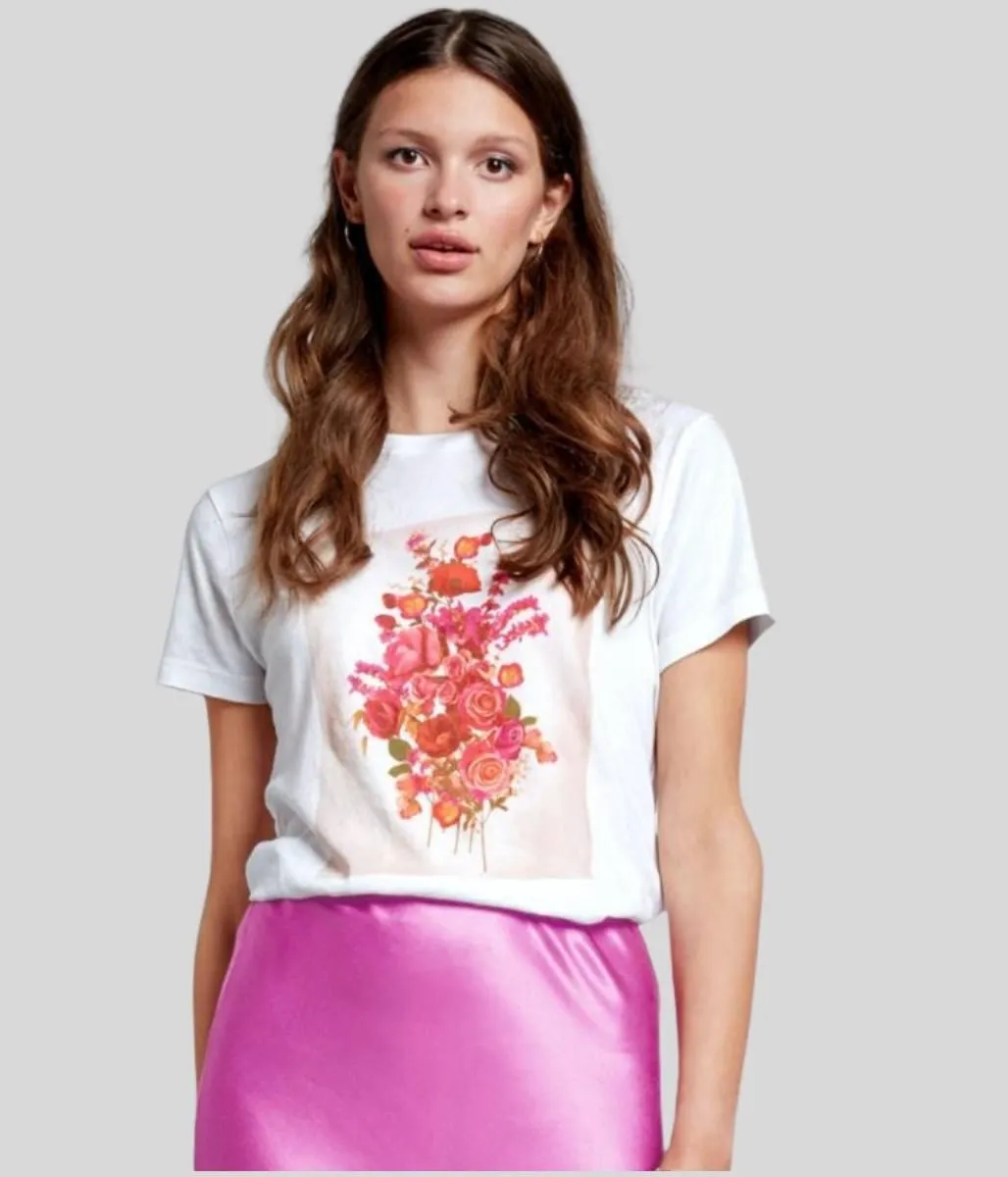 Anti Odor Finish White Bouquet Print T Shirt