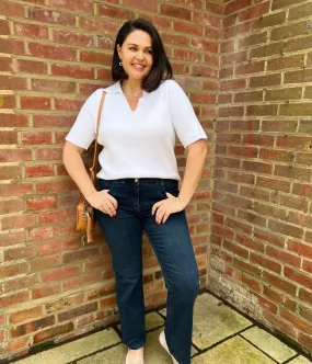 White Cotton Rich Ribbed Collared Top MicrofiberBlend