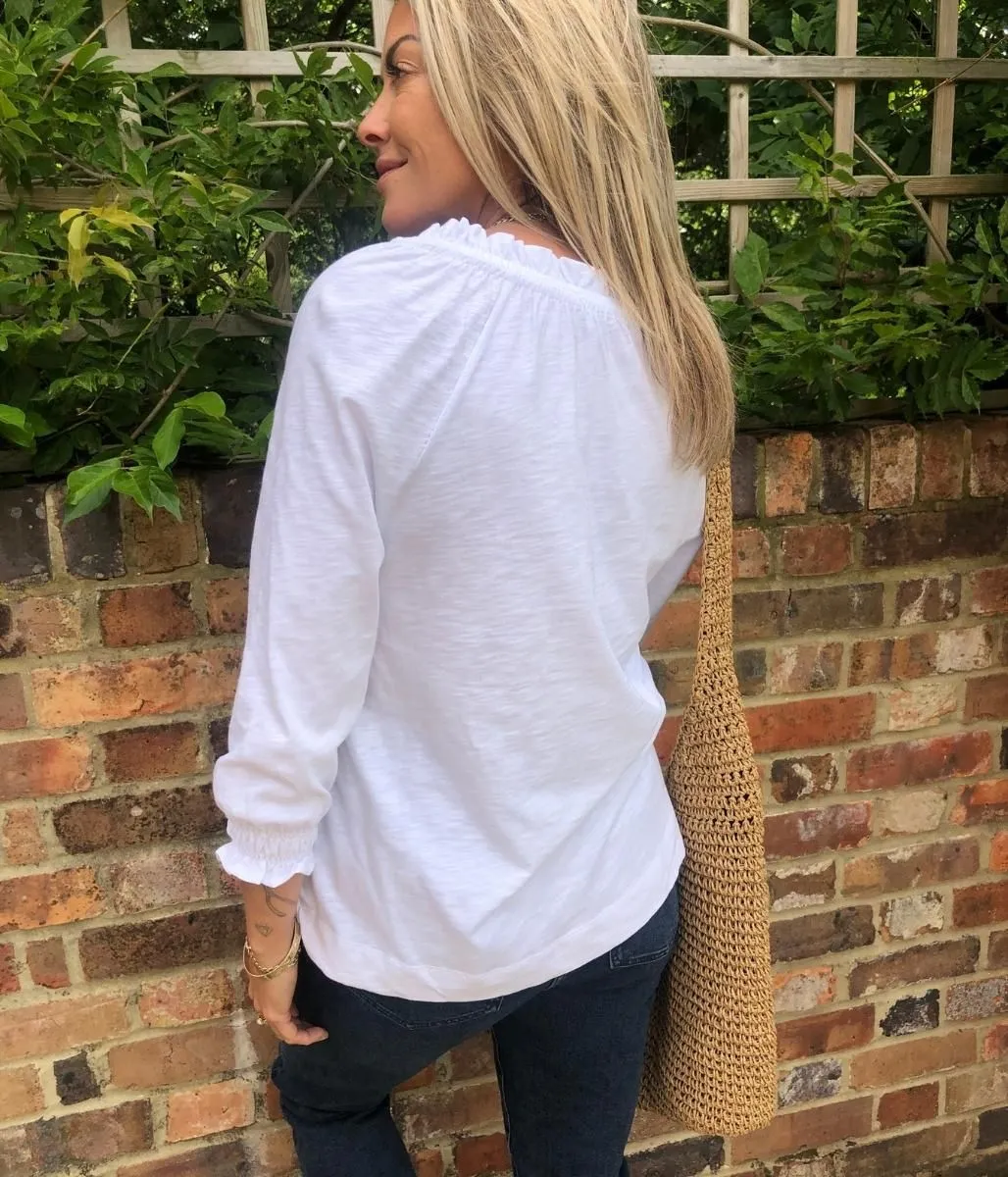 White Cotton Tie Neck Top simple design NonRestrictiveSilhouette