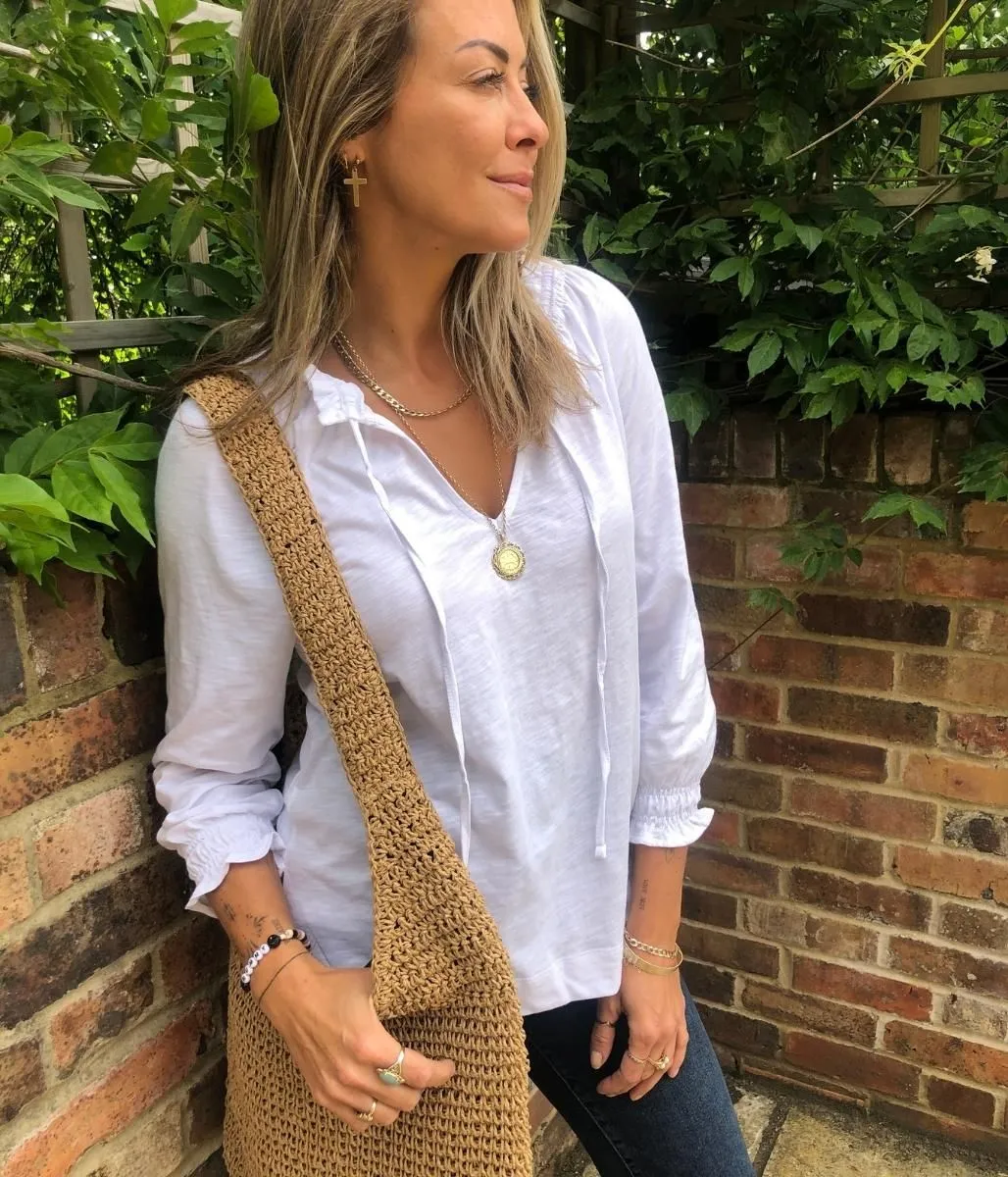 ContouredPanels White Cotton Tie Neck Top