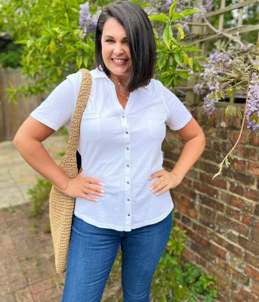 Reflective Trim Details NonRestrictiveCollar White Plain Jersey Shirt