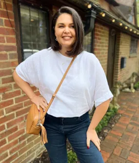 Temperature Regulating Textile Ergonomic Shoulder Cut White Pure Linen Relaxed Top