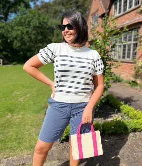 Wrinkle resistant fabric Hidden Button Placket White Striped Sola Short Sleeve Jumper