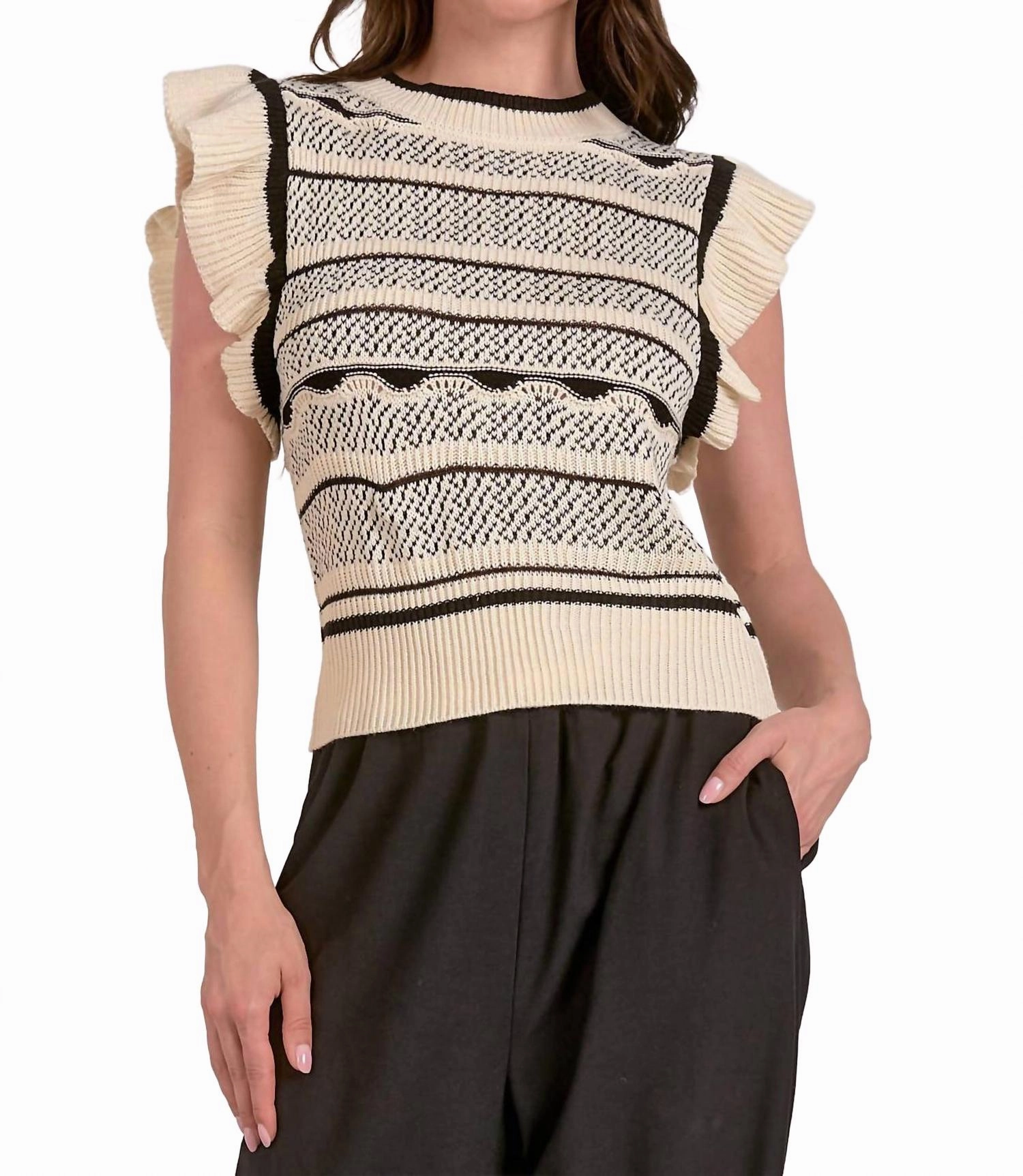 Cold-Weather Ready Odor Resistant Flutter Sleeve Crew Neck Sweater Top In Off White/black