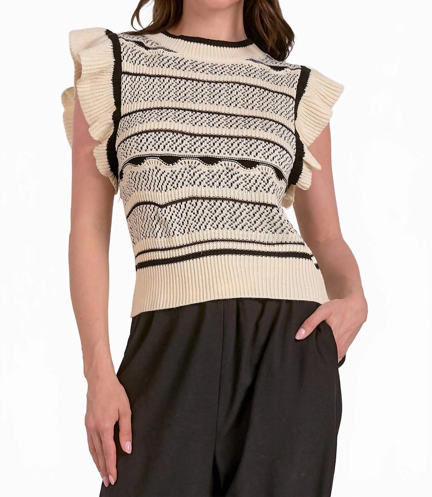 Flutter Sleeve Crew Neck Sweater Top In Off White/black elegant design Tagless Labeling