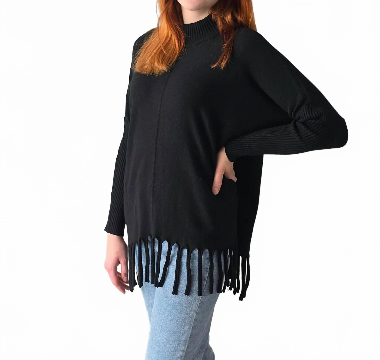 Heavenly-Luxe Mock Neck Sweater In Black Loopback Fabric Yarn Dyed Fabric