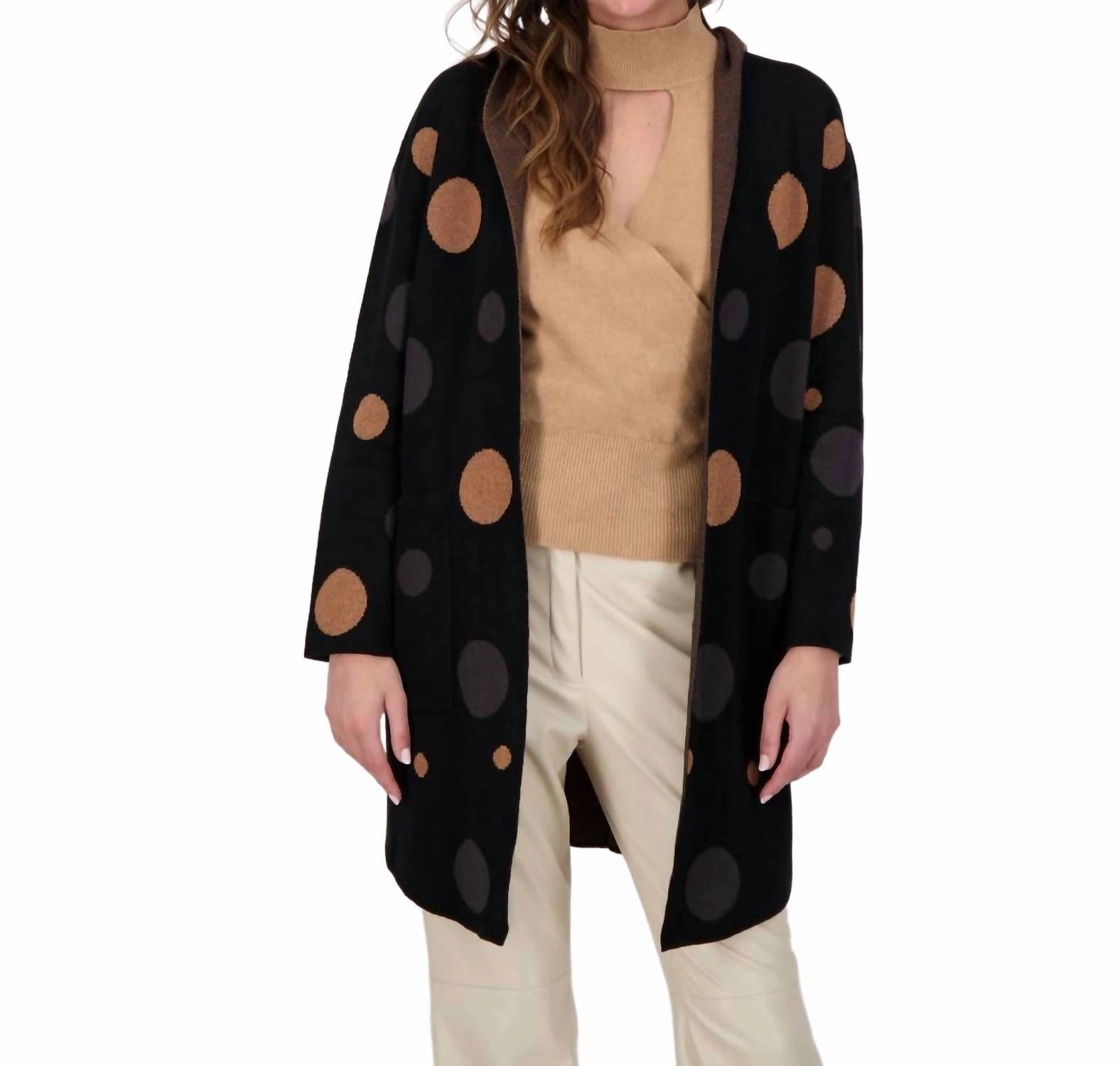 Fade Resistant Finish Polka Hooded Open Front Cardigan In Black