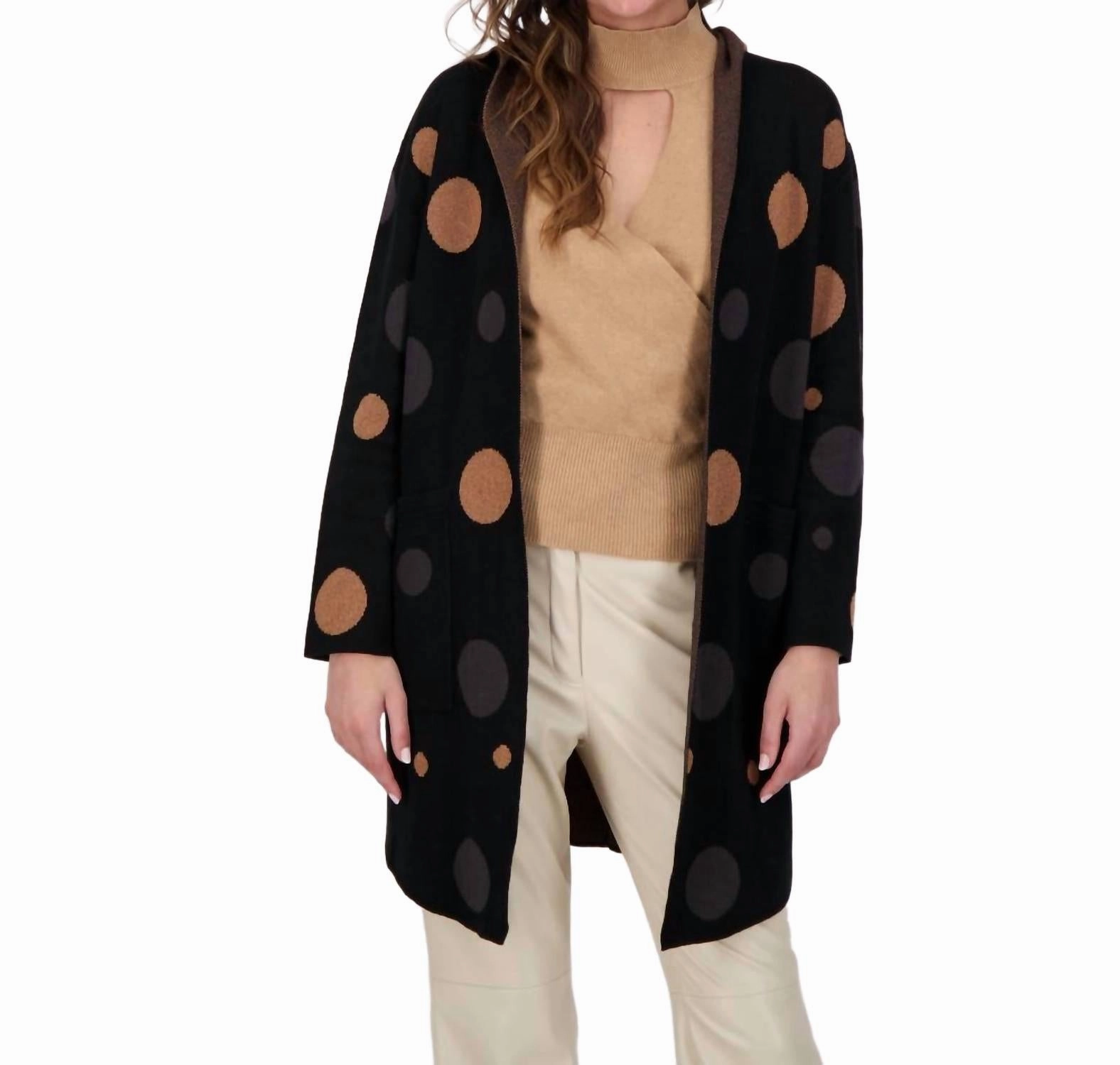 Polka Hooded Open Front Cardigan In Black Perfect Layer Comfy Touch