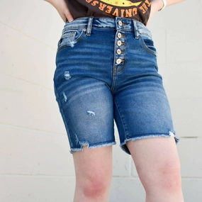 Women's 4 Button Denim Shorts -Plus In Blue Secure Pocket Zippers