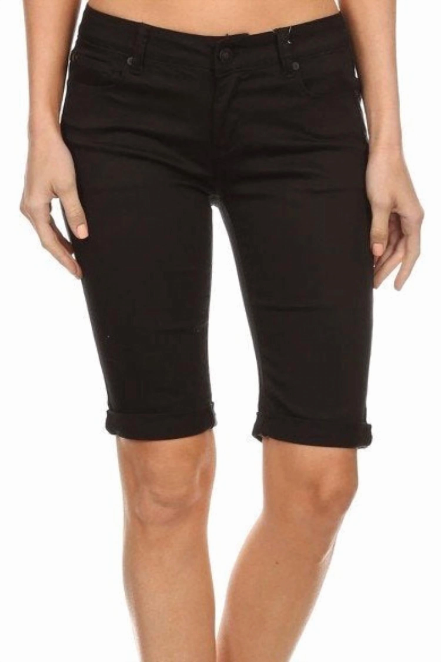 Machine washable Women's Classic Rolled Solid Bermuda Shorts In Black