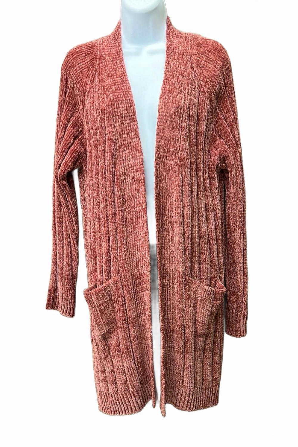 Women's Long Heavy Cable Knit Sweater Pockets In Pink Warm Appeal