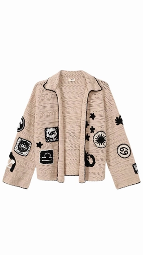Women's Miami Crochet Astrology Cardigan In Beige Comfy Knit Reinforced Shoulder Seams