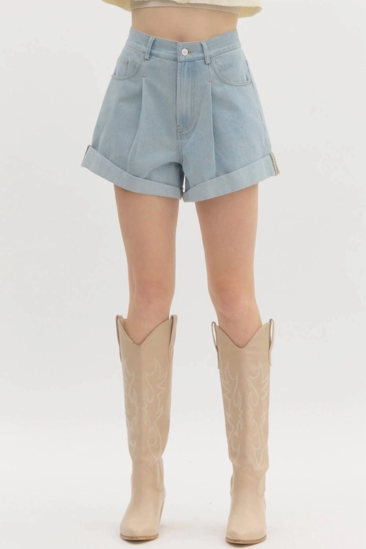 Women's Pleated Hi Waisted Denim Shorts In Blue Free Movement