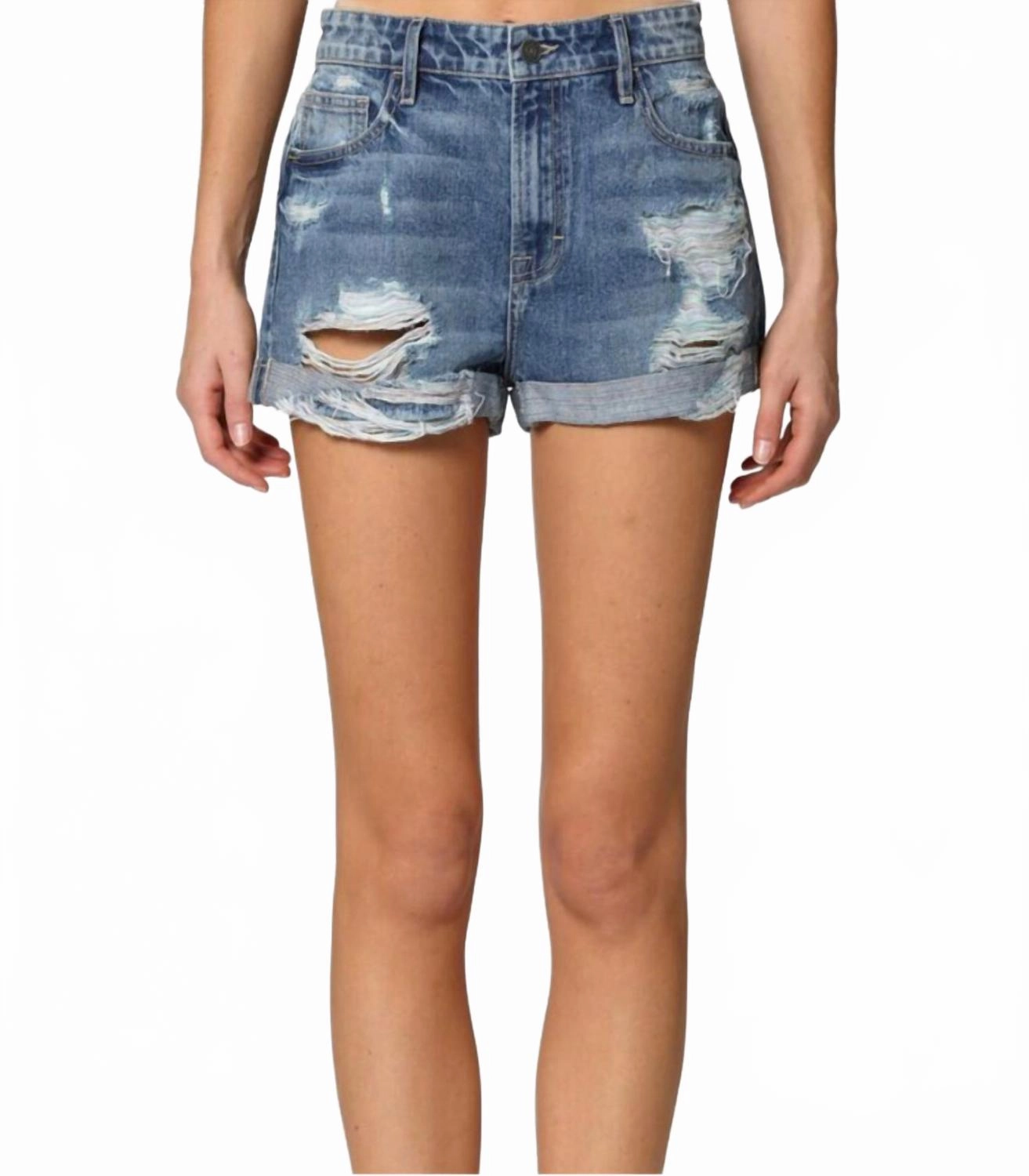 Women's Riley Distressed Roll Up Shorts In Blue Sporty Casual