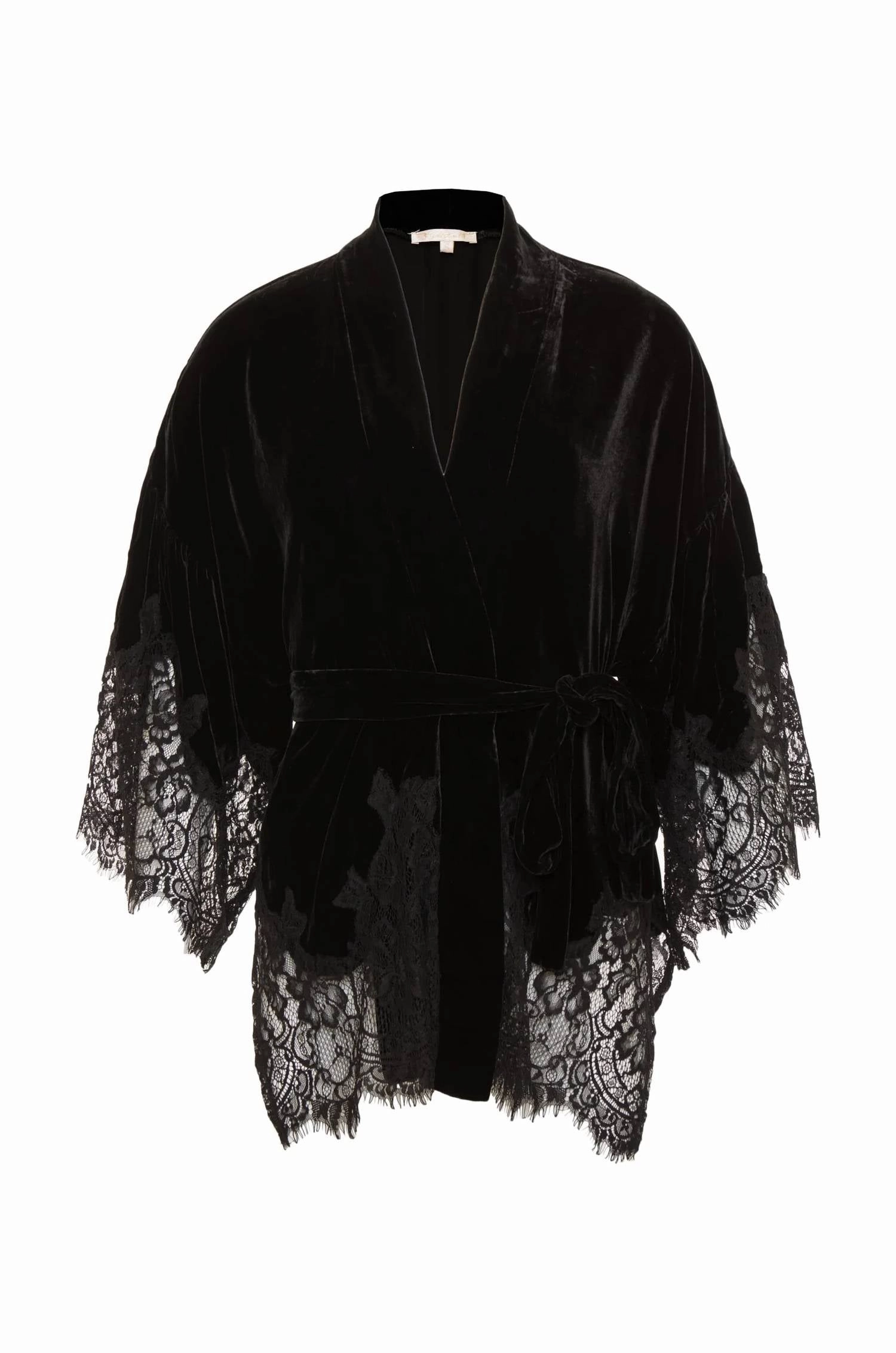 Women's Velvet Coco Lace Kimono In Black Casual Cozy Easy Care Fabric