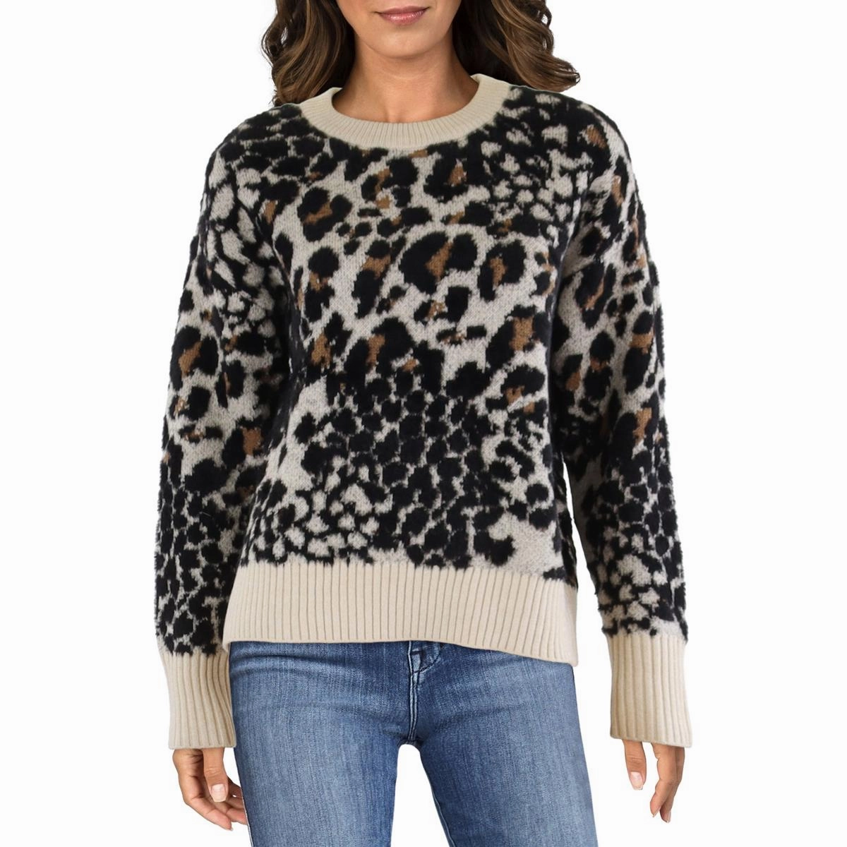 Warm Wardrobe Chilly Weather Knit Womens Animal Print Faux Fur Crewneck Sweater