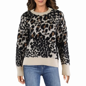 Warm Wardrobe Chilly Weather Knit Womens Animal Print Faux Fur Crewneck Sweater