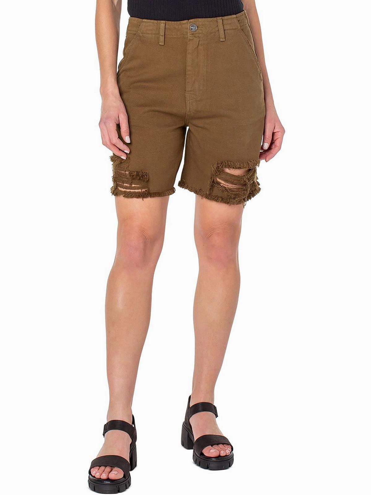 Womens Frayed Hem Midi Cutoff Shorts tumble dry