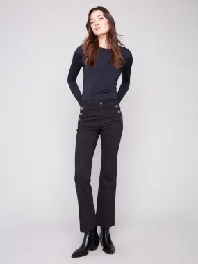 Flare Leg Stretch Twill Pants With Buttons - Black sporty wear