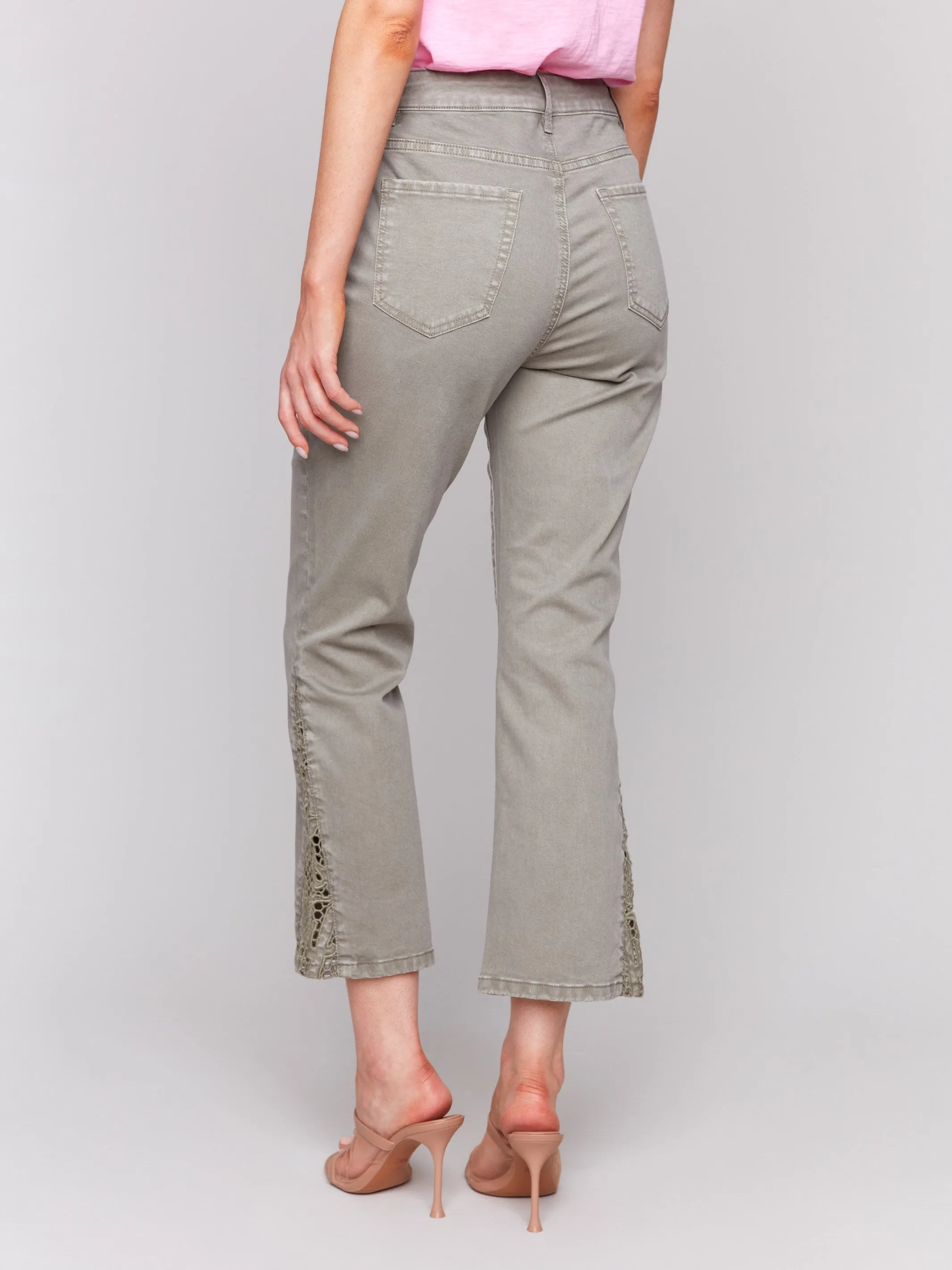 Lace Cut Side Bootcut Twill Pants - Celadon Fade Resistant Dye