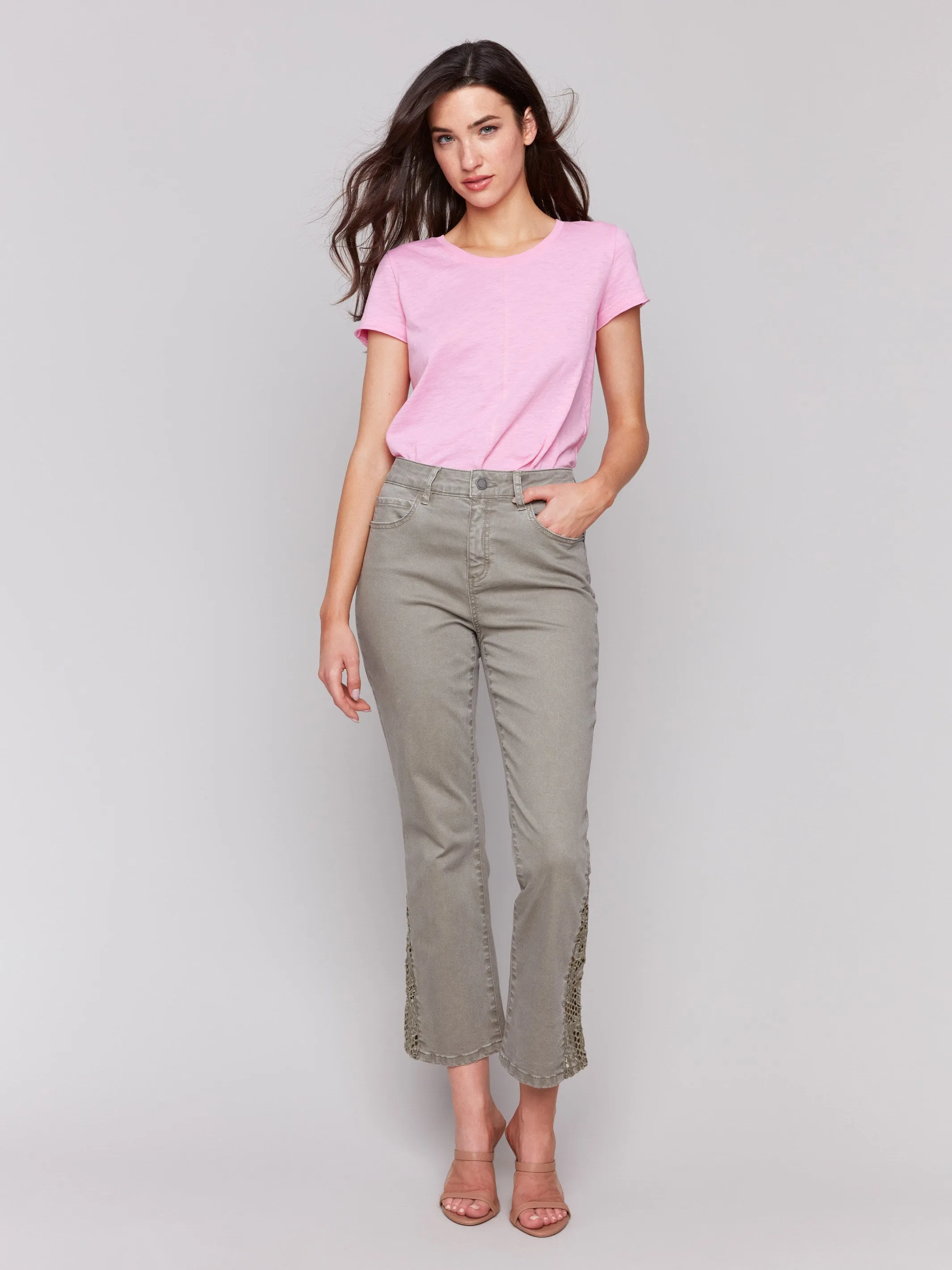 All Day Use Cotton comfort Lace Cut Side Bootcut Twill Pants - Celadon