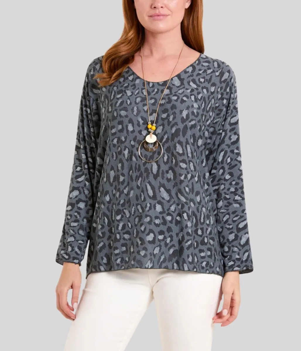 Charcoal Fine Knit Leopard Necklace Top Raw Edge Finish