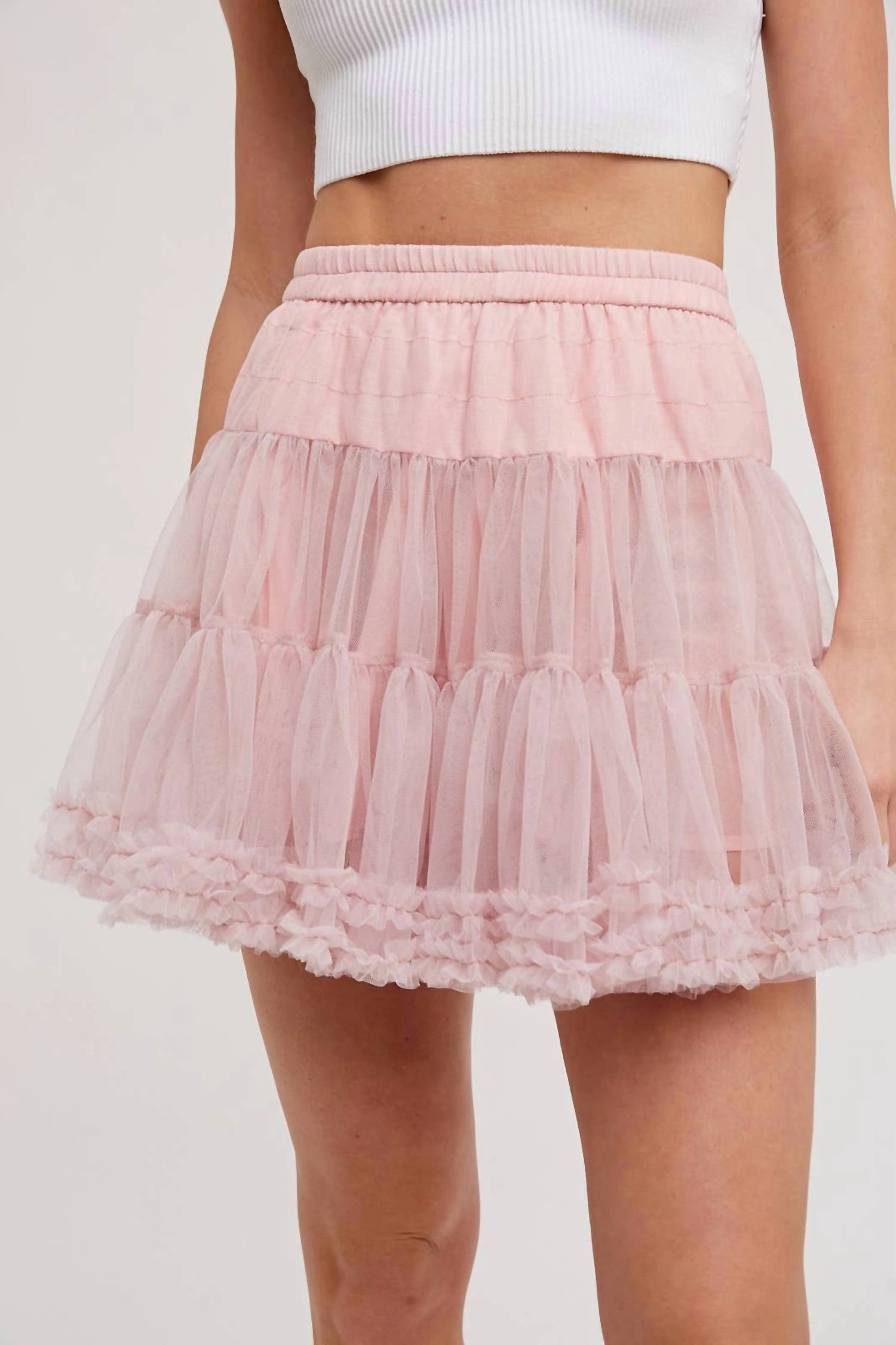 Pleated Construction Bohemian vibe Ruffle Tiered Tulle Tutu Mini Skirt In Dusty Pink