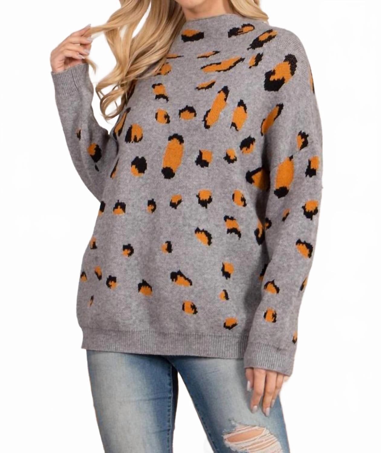 Casual Layer Essential Knitwear Turtle Neckline Leopard Sweater In Grey/mustard