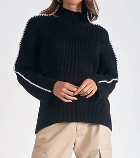 Whipstitch Sleeve High Neck Sweater In Black Comfy Layer