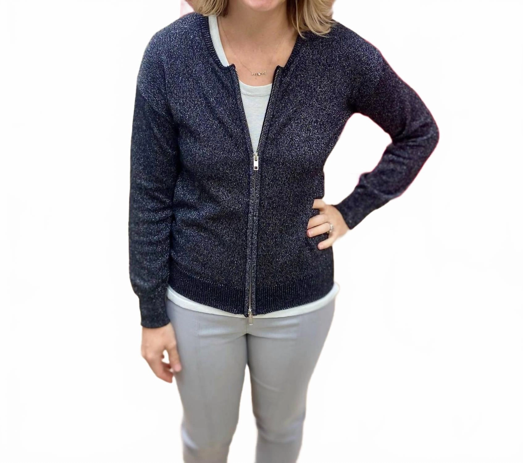 Zip Front Cardigan In Black / Silver elegant design