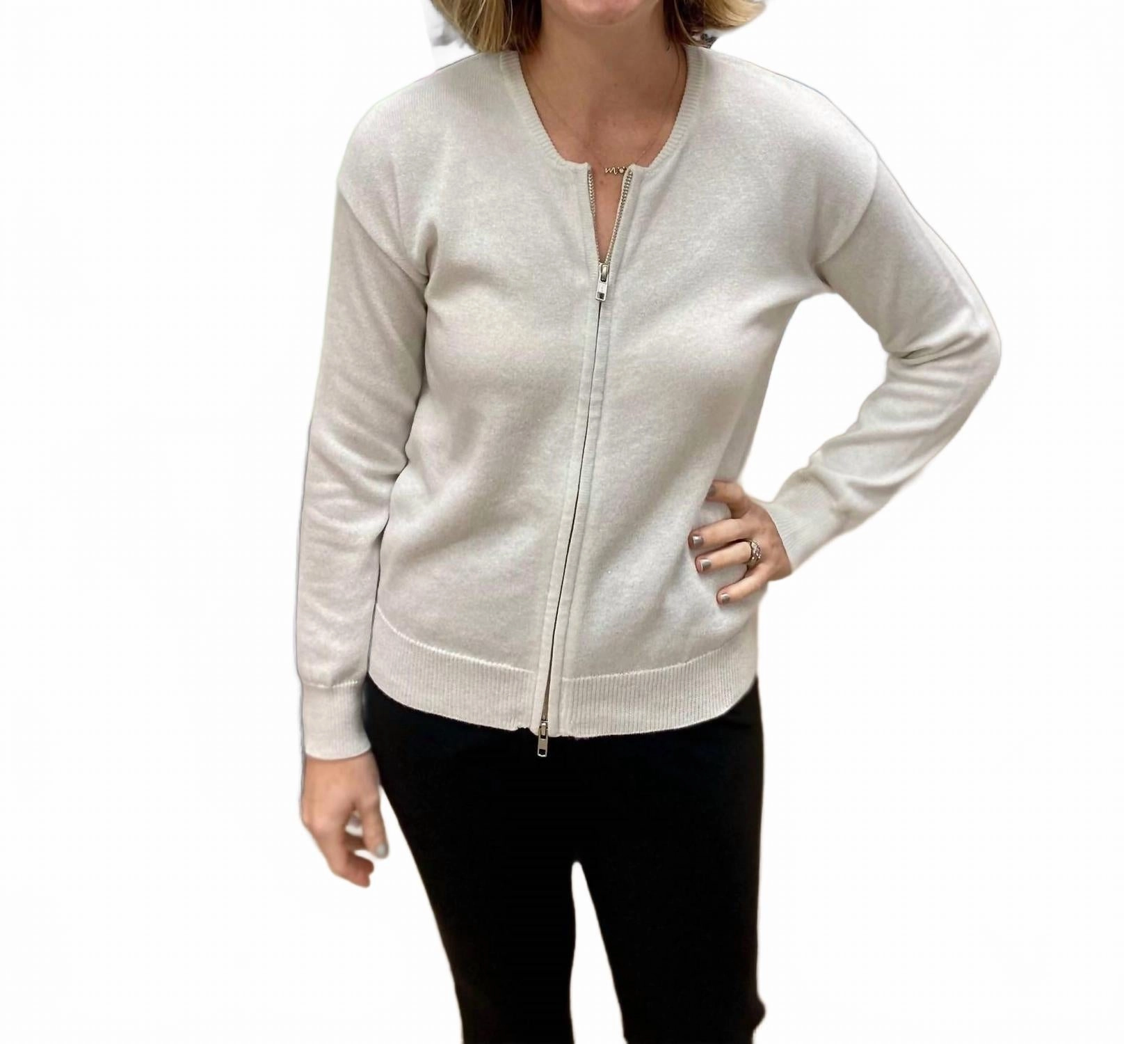Zip Front Cardigan In White / Silver Cold Day Ready Versatile Layering Piece